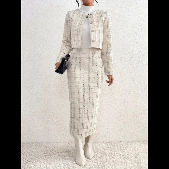 Elegant Plaid Pattern Skirt Set, Single Breasted Long Sleeve Jacket & High Waist - Picture 1 of 4